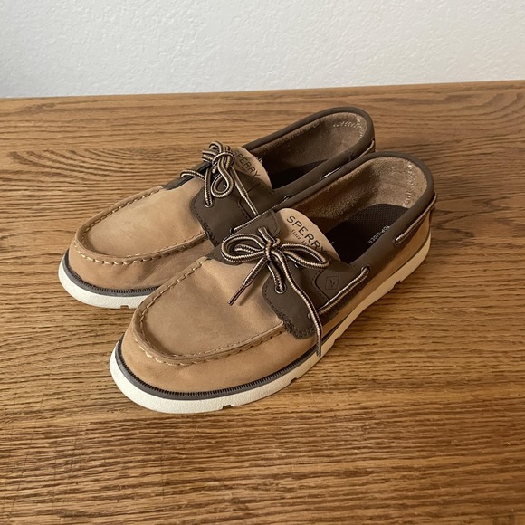 Sperry Top-Sider Shoes Boys Size 5 Tan Brown Leeward Leather Boat Deck Moc Toe - Picture 1 of 12